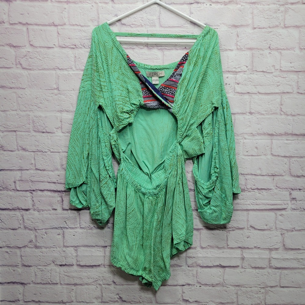 Yireh Front Cutout Boho Shorts Romper Women L Bell Sleeve Fairy Coquette Playful